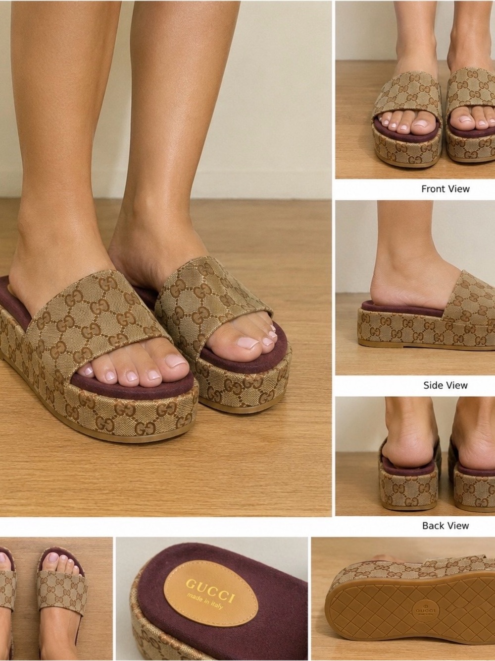Gucci Beige GG Canvas Slides with Burgundy Insole
